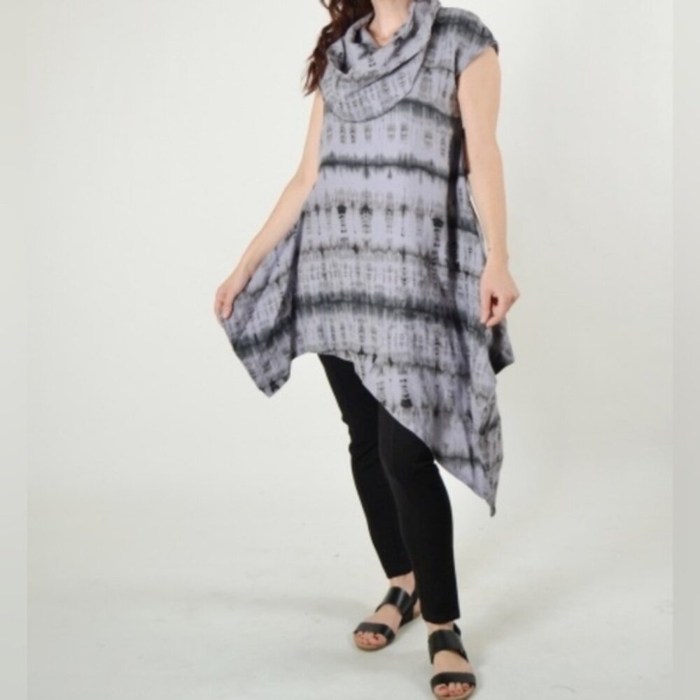 Bryn Walker Tie-dyed Linen Noa Tunic XS Lagenlook Asymmetric Hem Drape Cowl Neck